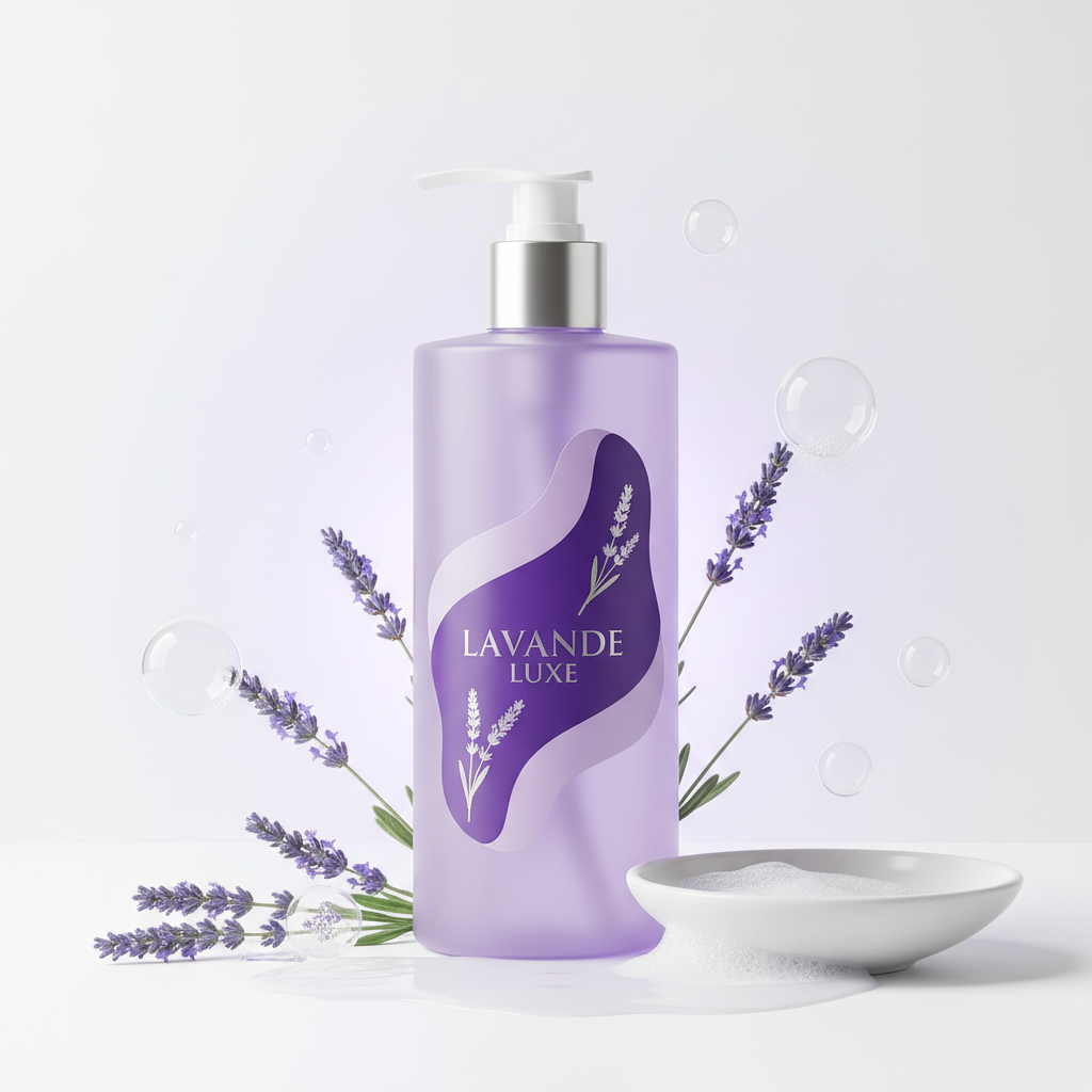 Luxury lavender body wash bottle with lavender sprigs